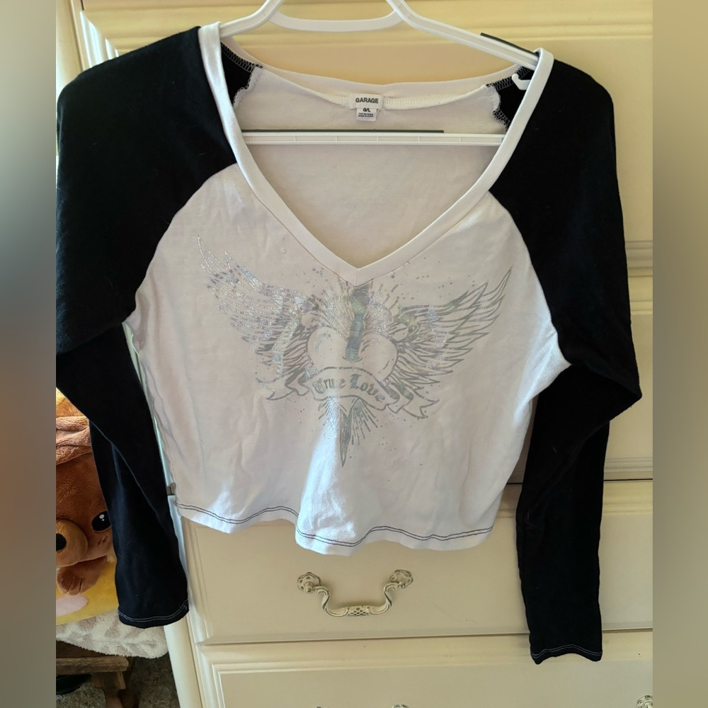 Women’s black and white large Garage long sleeve top. *HAS SMALL STAIN*